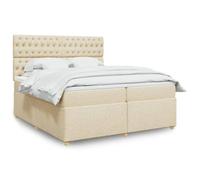 Mandloder Lit à sommier tapissier avec matelas, crème, 200 x 200 cm, housse en tissu, ressorts ensachés, éclairage LED, tête de lit réglable en hauteur, surmatelas en mousse à mémoire de forme