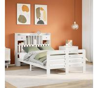 Mandloder Lit Bibliothèque Blanc 135x190 cm en Bois de Pin Massif, Cadre de Lit Robuste avec Rangement Intégré, Sommier à Lattes, Design Spacieux
