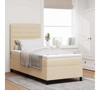 Mandloder Lit Box Spring Crème 90x200 cm avec Matelas Ressorts Ensachés, Tête de Lit Ajustable en Tissu, Cadre en Bois d'Ingénierie, Bande LED Intégrée