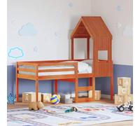 Mandloder Lit Haut Enfant 90x190 cm, Bois de Pin Massif Ciré Marron, Cadre Robuste avec Échelle et Garde-Corps, Idéal pour Petites Chambres, Espace de Jeu ou Rangement