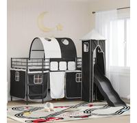 Mandloder Lit Mezzanine Enfant Noir Métal 99,5x200cm, Cadre Robuste avec Toboggan, Tunnel, Tour & Rideaux Bleus/Noirs, Lit Simple pour Chambre Ludique