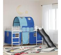 Mandloder Lit Mezzanine Enfants Blanc et Bleu avec Toboggan, Cadre en Acier Durable, Design Arche, Rideaux Respirants, 205x112x116 cm