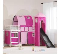 Mandloder Lit Mezzanine Enfants Blanc et Rose 90x190 cm, Cadre Métal Robuste avec Toboggan, Tunnel, Tour de Jeu, Rideaux, Lit Simple pour Chambre Garçon Fille