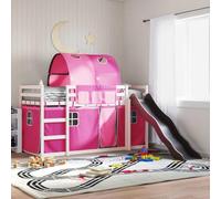 Mandloder Lit superposé avec toboggan, rideaux roses, 80 x 200 cm, en bois de pin massif, lit de jeu avec protection anti-chute, lit d'enfant blanc pour l'aventure