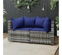 Mandloder Lot de 2 canapés d'angle de jardin en rotin synthétique gris avec coussins bleu foncé, résistants aux intempéries, pour terrasse et balcon, 63 x 63 x 57,5 cm, design modulaire, meuble