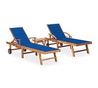 Mandloder Lot de 2 chaises longues en teck massif - 195 x 59,5 cm - Réglables - Avec table et coussins - Chaises longues de jardin confortables pour terrasse - Convient également comme chaise longue