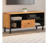 Mandloder Meuble TV 100 x 33 x 46 cm - Bois massif d'acacia - Finition naturelle - Meuble TV robuste avec pieds en fer - Centre de divertissement polyvalent pour salon, chambre à coucher