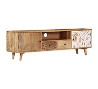 Mandloder Meuble TV 140 x 30 x 40 cm, bois massif mangue, fait à la main, poli, avec 2 tiroirs et compartiments, pour salon, centre de divertissement durable