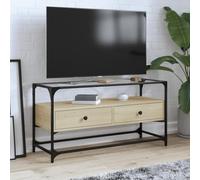 Mandloder Meuble TV avec plateau en verre, aspect chêne Sonoma, 98 x 35 x 51 cm, matériau du bois, cadre en métal, design industriel, espace de rangement pour salon, chambre à coucher, console