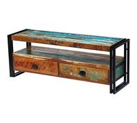 Mandloder Meuble TV en bois massif recyclé style vintage 120 x 35 x 45 cm avec 2 tiroirs Cadre en acier robuste fait main pour salon Meuble unique