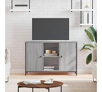 Mandloder Meuble TV gris chêne Sonoma - 100 x 35 x 65 cm - Matériau du bois durable - Avec portes, étagères ouvertes, pieds en fer - Pour salon, centre de divertissement