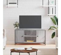 Mandloder Meuble TV gris Sonoma - 100 x 40 x 50 cm - En matériau dérivé du bois - Avec 2 portes, étagères ouvertes, pieds en fer - Centre de divertissement moderne pour salon, chambre à coucher