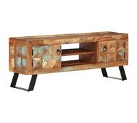 Mandloder Meuble TV rétro en bois recyclé massif - 112 x 30 x 45 cm - Avec portes et sols - Support TV robuste pour salon - Design unique - Pieds en fer