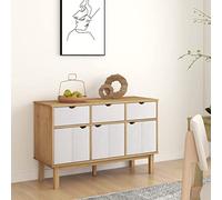 Mandloder OTTA Buffet marron et blanc, 114 x 43 x 73,5 cm, pin massif, design scandinave, avec 3 tiroirs et portes, espace de rangement pour salon, couloir, console