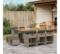 Mandloder Salon de jardin 11 pièces avec coussins gris en rotin synthétique résistant aux UV, design cube peu encombrant, plateau de table en bois d'acacia pour jardin, balcon, terrasse