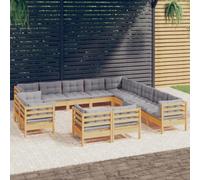 Mandloder Salon de jardin 13 pièces en pin massif, coussins gris, ensemble de meubles d'extérieur modulaires, pour balcon, terrasse, capacité de charge de 110 kg par siège