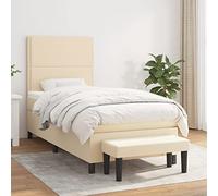 Mandloder Sommier à Lattes de Lit Crème 90x200 cm avec Matelas Ressorts Ensachés, Tête de Lit Réglable et Banc Multifonctionnel, Cadre en Tissu Durable