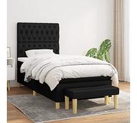 Mandloder Sommier à Lattes Lit avec Matelas à Ressorts Ensachés 100x200 cm, Tissu Noir, Tête de Lit Réglable, Support Moyen-Dur, Banc Multifonctionnel Inclus