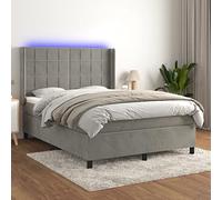 Mandloder Sommier à Lattes Tapissier Gris Clair 140x190 cm avec Matelas Ressorts Ensachés, Tête de Lit Réglable en Velours Doux et Bande LED Colorée