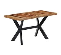 Mandloder Table à manger 140 x 70 x 75 cm - Bois massif d'acacia - Marron foncé - Avec pied en croix en acier - Table de cuisine rectangulaire pour salle à manger - Style industriel - Fabriquée à la
