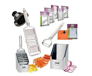 Mandoline à légumes 4 compartiments Gigant Multi Trancheuse Muxels Super Mega Set avec 6 autres inserts en acier inoxydable dans une boîte multifonction pratique + éplucheur multifonction
