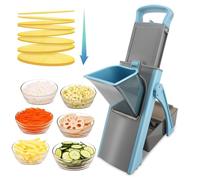 Mandoline de Cuisine, Hachoir Légumes Multifonction Sécurité avec Épaisseur Réglable pour Julienne Tranche Cube, Patate Carotte Concombre Tomate, Bleu