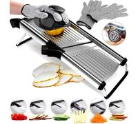Mandoline en acier inoxydable pour cuisine - 6 réglages réglables, 41,5 x 12,7 cm. Plateforme, protège-mains, gants résistants aux coupures - hachoir à légumes, trancheuse à viande, trancheuse à