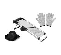 Mandoline Professionnelle Réglable 0 à 9 mm | Lame réglable 0-9 mm, julienne 4,5/9 mm, inox 420J2N, poussoir sécurisé, gants inclus, poignée et base antidérapante