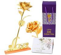 MaNeaz Rose Éternelle Rose Plaqué Or 24K Fleur De Rose Avec Support Comprend Une Carte De Vœux Pour Maman/Femme/Amie/Elle Saint Valentin Fête Des Mères Anniversaire Mariage