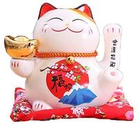 Maneki Neko à Bras Mobile, Chat Chinois Porte Bonheur en Porcelaine, Feng Shui Porte Blanc, Statuette en Céramique Décorer pour Le Bureau à Domicile et Le Magasin, 16x14x16cm/6.3x5.5x6.3inch,6