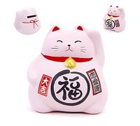 Maneki Neko Chat Japonais Porte-Bonheur avec Patte Levé en Argile, Fabriqué au Japon - Statuette Tirelire de Chance, Prospérité, Richesse, Santé - Lucky Cat (SW-004)