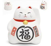 Maneki Neko Japonais, Chat Porte-Bonheur, Lucky Cat, Fabriqué au Japon - Statuette en Argile Blanc de Chance, Prospérité, Richesse, Santé (Hauteur 9cm)(SW-001)
