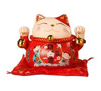 Maneki Neko Japonais, Statuette Chat, 4,5 Pouces Porte-Bonheur en Tirelire Chat avec Cloches, Céramique Apporter Chance Bon Souhait Cadeau De Décoration, pour Voiture Maison Bureau(Cat Rouge)