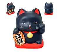 Maneki Neko Noir en Argile, Chat Japonais Porte-Bonheur, Fabriqué au Japon - Statuette Tirelire de Chance, Prospérité, Richesse, Santé - Lucky Cat (H10,5cm)(AS-032)