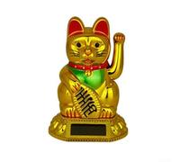 Maneki Neko - Panneau solaire - Chat porte-bonheur agitant la patte gauche tenant une pépite dorée sur support pour décoration de maison et entreprise (doré)