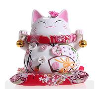 Maneki Neko - Statue de Chat Japonais en Porcelaine avec Cloches - Feng Shui Porte-Bonheur et Tirelire