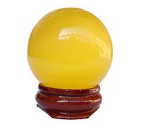 Manekieko Yellow Cat Eye 40Mm Healing Crystal Divination Ball Sculpture Figurine Gem Ball,Feng Shui Chakra Halo Home Desktop Decor Series avec Support en Bois