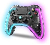 Manette Pour Ps4 / Pc/Android - Manette Sans Fil Avec 2-Shock,6 Axes,2 Boutons Macro,7 Modes De Lumière Led,Pavé Tactile,Prise Casque,Câble De Charge Inclus - Noir Transparent