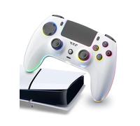 Manette sans fil compatible avec PS.5/Pro/Slim/PC, 7 modes LED RVB et retour haptique, batterie 1500 mAh et détection de mouvement, prise audio 3,5 mm (blanc et noir)