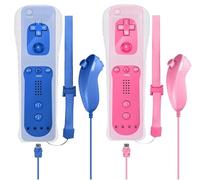 Manette Wii u, Wiimote avec Étui en Silicone et Dragonne, Bleu Clair/Rose | Bluetooth Stable 8m, Design Ergonomique avec Vibration et Haut-Parleur, Kit de Protection Complet, pour Famille et Loisirs