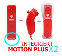 Manette Wiimote Avec Motion Plus Intégré + Nunchuck + Housse Pour Nintendo Wii Rouge X2