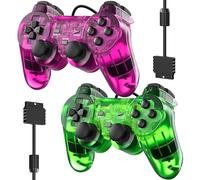 Manettes filaires pour PS2 Double Shock - Lot de 2 télécommandes de manette de jeu compatibles avec Play Station 2 (violet transparent et vert clair)