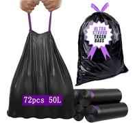 Manfâ Sac à Cordon à Fermeture Automatique 60 * 70cm 50 L 72pcs Sacs à ordures Noir Fit pour Bureau Cuisine Chambre Salle de Bains Jardin et Patio