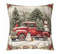 Manfei 1 housse de coussin de Noël pour enfants, motif camion de pin, bonhomme de neige, flocon de neige, fleur de poinsettia cardinal, décoration d'intérieur, rouge, vert, pour lit, canapé, sofa
