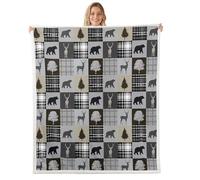 Manfei Couverture de cabane à motif d'animaux rustiques, couverture de lit pour enfants, adolescents et adultes, patchwork vintage, gris, couverture polaire pour lit, salon, 76,2 x 101,6 cm