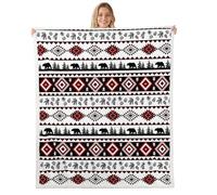 Manfei Couverture de cabane bohème rouge ethnique tribale à rayures pour enfants, adolescents et adultes, ours sauvage, animaux de la jungle, plantes de la jungle, couverture polaire pour fête, salon