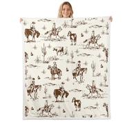 Manfei Couverture de lit de cowboy occidental, vintage, de style sud-ouest, légère, douce et confortable, motif cactus du désert et bovins pour canapé, chambre à coucher, bureau, beige et marron (lit