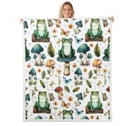 Manfei Couverture de lit en flanelle légère, douce et confortable à motif de grenouille de dessin animé, feuilles champignons, fleurs, papillons, faune, pour canapé, chambre à coucher, bureau, vert