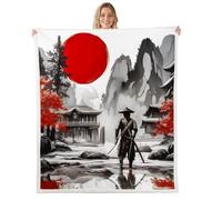 Manfei Couverture de lit samouraï japonaise en flanelle super douce pour décoration de chambre, style peinture à l'encre pour enfants et adultes, lit simple, 152,4 x 203,2 cm, rouge soleil