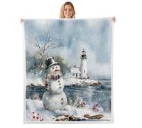 Manfei Couverture d'hiver de Noël pour enfants, phare, bonhomme de neige, plage, flocon de neige, ferme, poinsettia, décoration de canapé pour filles et garçons, gris bleu, taille double (152,4 x
